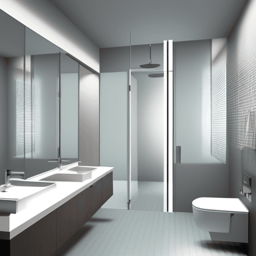 AI generated: GENERATE IMAGE OF A BATHROOM, WITH MIRROR AND SHOWER IN MODERNIST STYLE GLASS