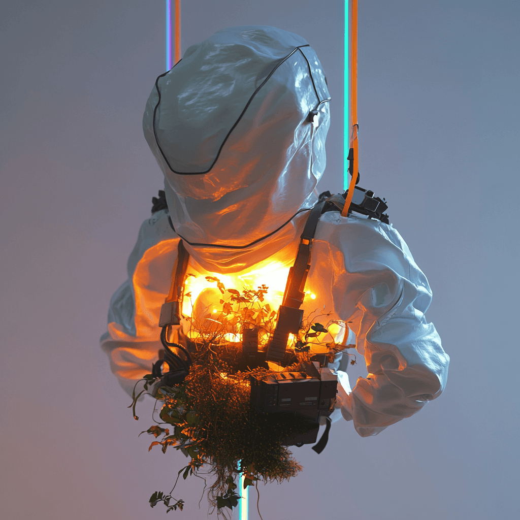 AI generated: A futuristic photoshoot showcasing an advanced, alien full armor, suspended and displayed with vibra...