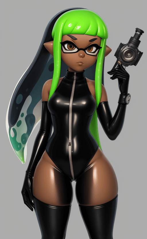 AI generated: inkling, female, Splatoon, hypnosis, dark skin, goggle, latex, thick thighs