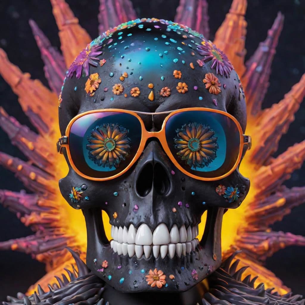 AI generated: active ferrofluid skull, dia de muertos, sunglasses, nebulae backgroud, lsd