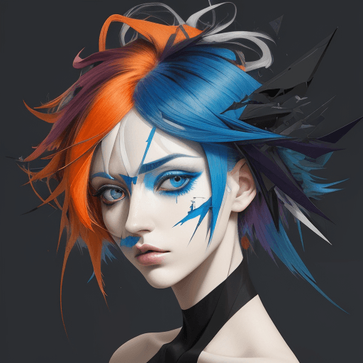 AI generated: color painting of a woman with colorful hair and eyes, in the style of cubist shattered planes, real...