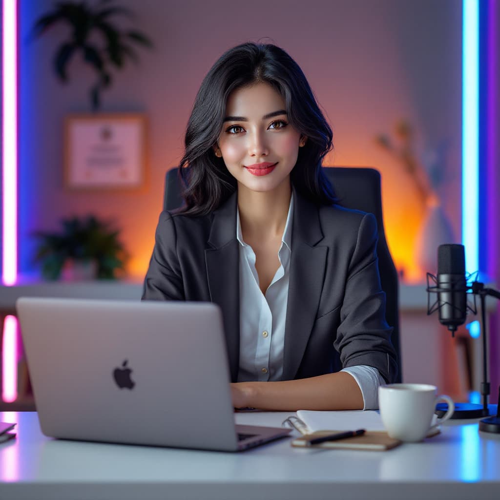 AI generated: A highly realistic, photorealistic digital rendering of a beautiful and bold korean woman sitting co...