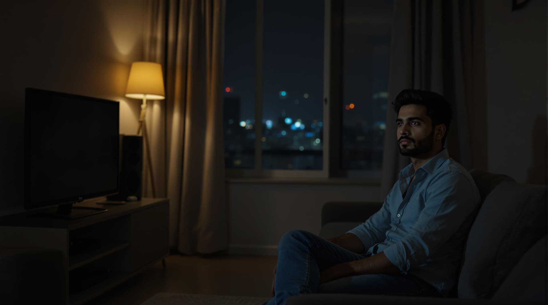 AI generated: "A cinematic frame of a quiet, dimly lit living room in Rahul’s flat. The room is modestly furnished...