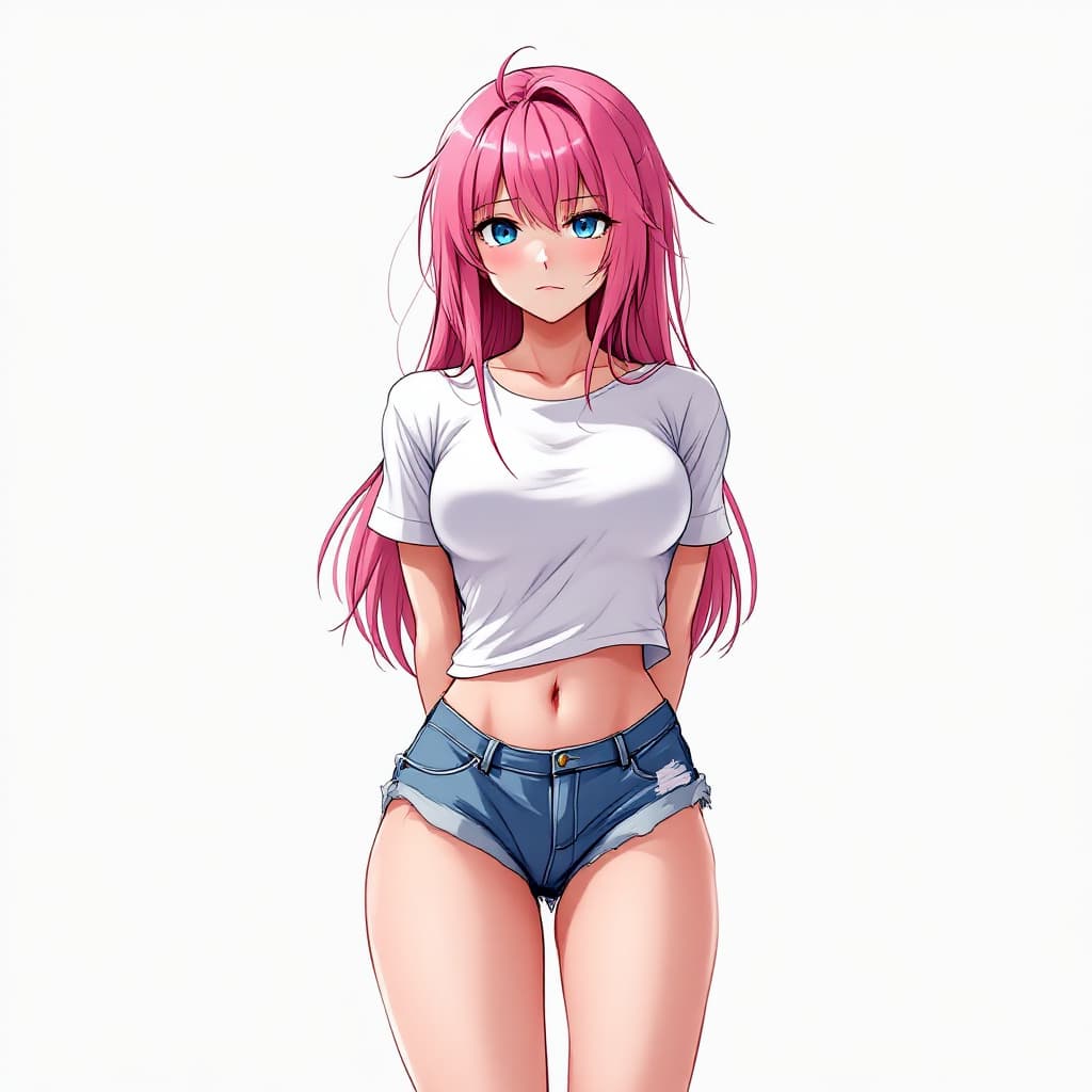 AI generated: anime, woman, pink hair, long hair, blue eyes, white t shirt, tight t shirt, blue shorts, bare feet,...