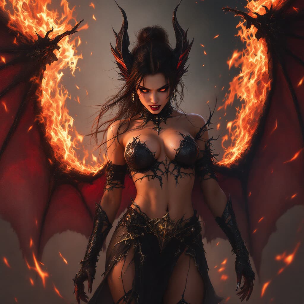 AI generated: beautiful asian with bat wings and sharp teeth, dark fantasy painting in the style of Magali Villene...