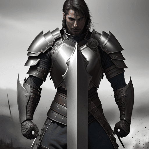 AI generated: Male Human Fighter, Warden of Steel. Presented in a commanding pose on sprawling battlefields. Front...