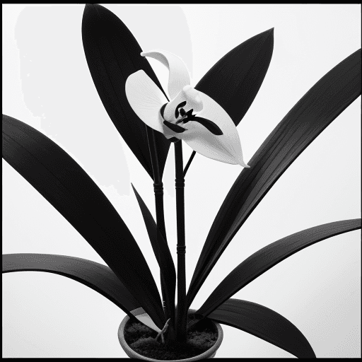AI generated: Oriental orchid with 9 black and white, gray and sharp leaves
