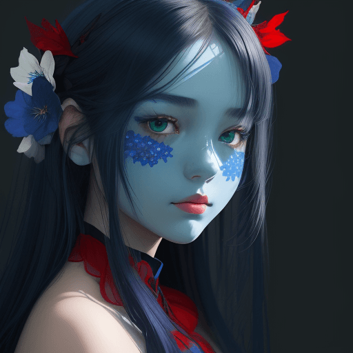 AI generated: a beautiful picture of a girl with blue flowers on her face, in the style of monochromatic paintings...