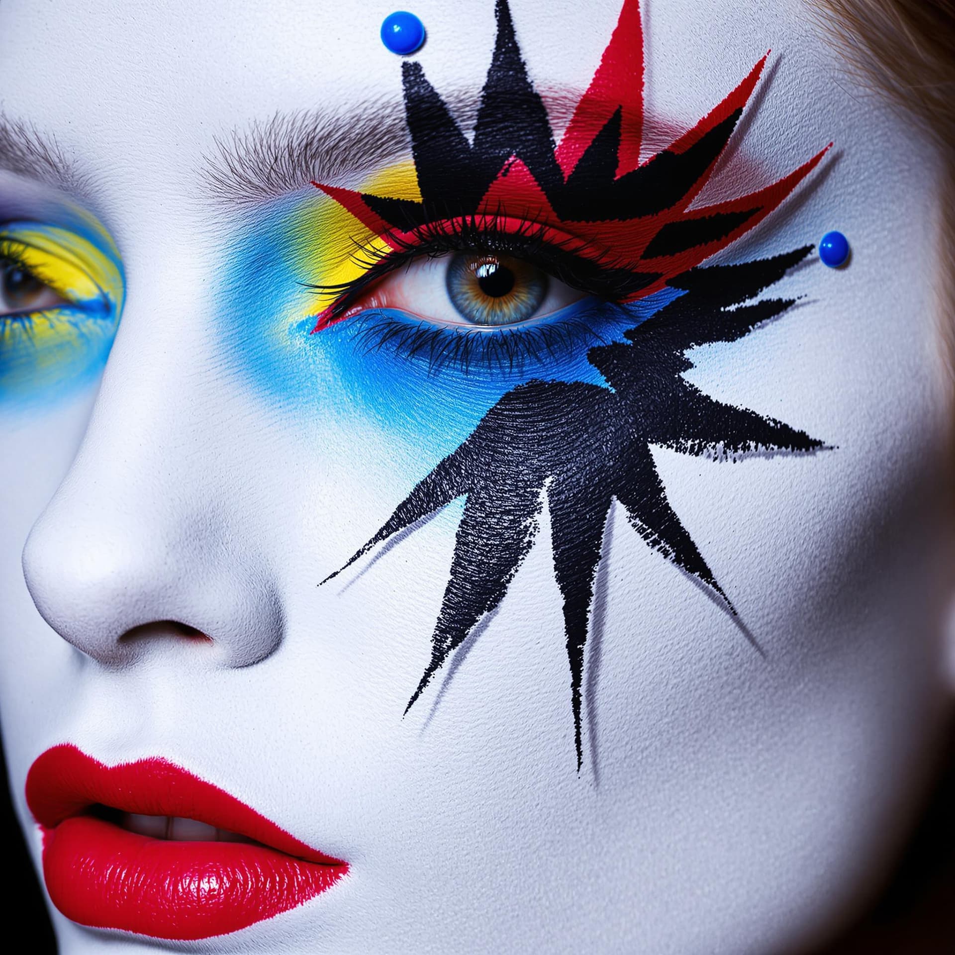 AI generated: The image features a close-up of a person's face adorned with bold, intricate makeup. The palette pr...
