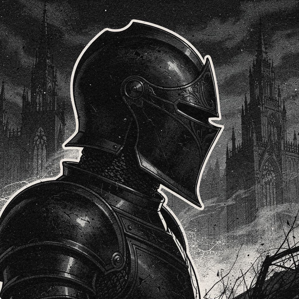 AI generated: Close-up profile shot of a knight's head and neck, wearing pitch-black matte plate armor, ornate dar...
