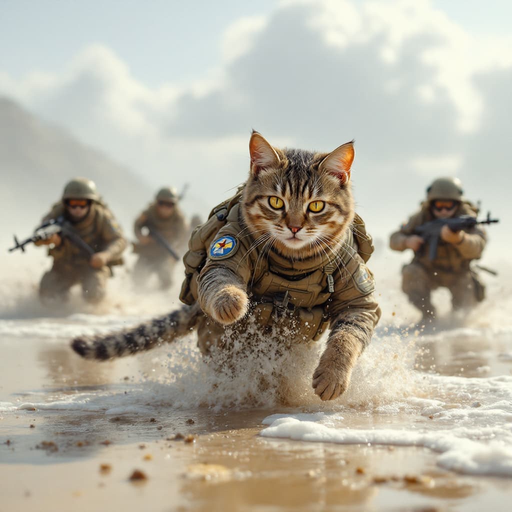 AI generated: Cat-infantry landing on a beach.