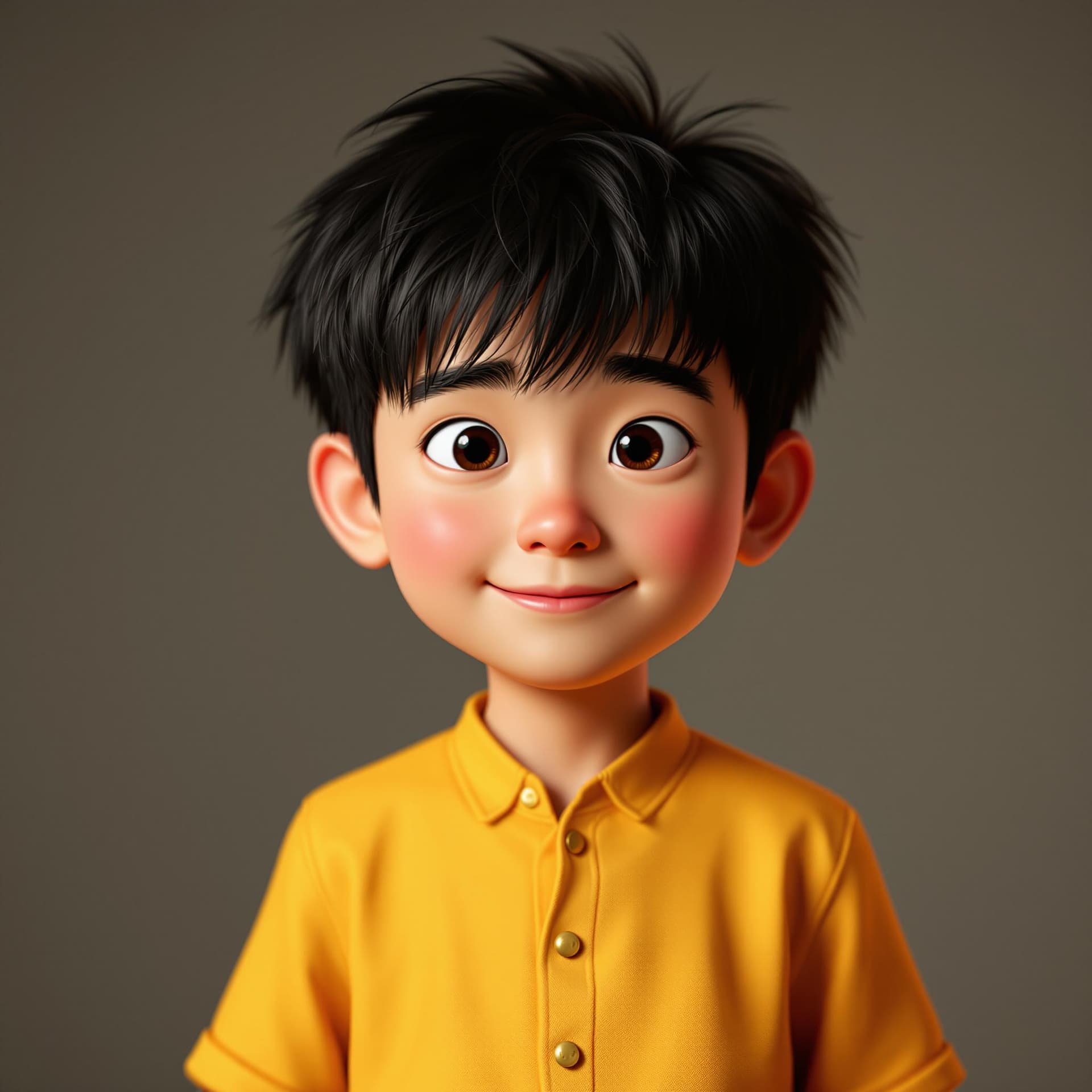 AI generated: A Chinese boy with black hair and yellow shirt, rendered in cinema4d style, charming character, I ca...