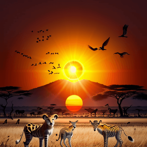 AI generated: a african sunset, wild animals looking at the sun, birds flying far away, 8k