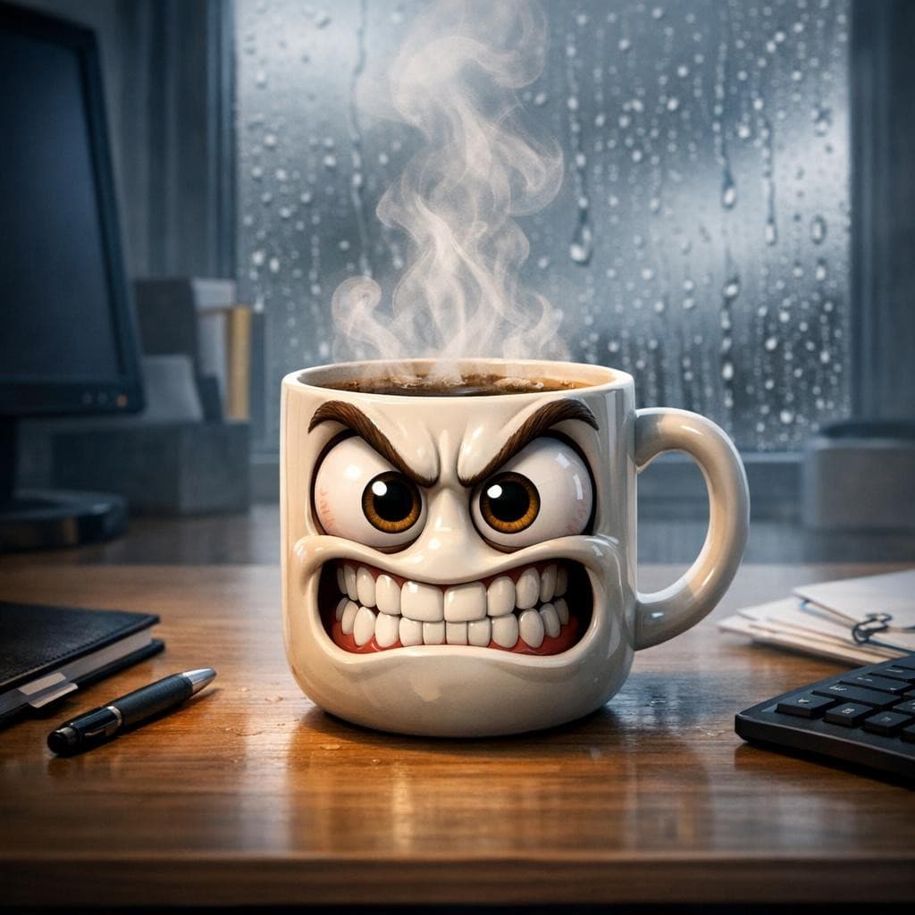 AI generated: Anthropomorphic ceramic coffee mug with Exaggerated mainic eyes and Teeth clenched, steam rising fro...