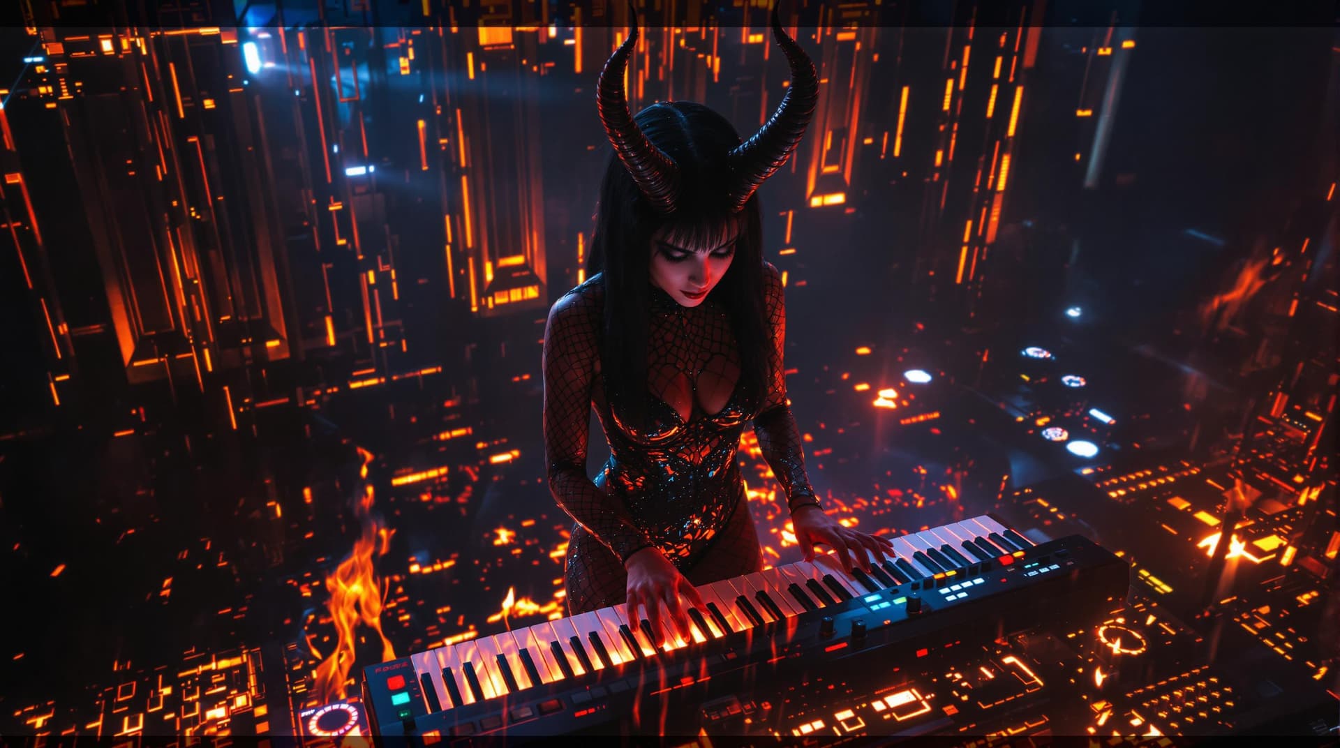 AI generated: High-angle shot of a female red demon character, bathed in warm, golden light, reminiscent of Zdzisł...