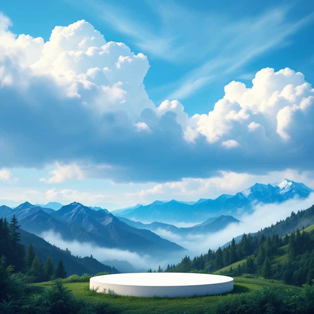 AI generated: A scenic view of the mountains, facsinating clouds with mesmerizing  shades of sky blue, a podium pl...