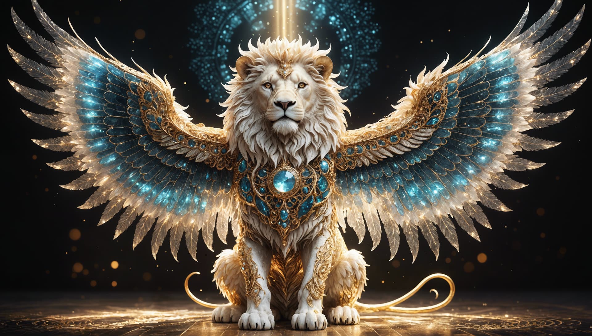 AI generated: A angelic mythical lion with spreading arms with glowing intricate transparent wings, symmetrical hy...