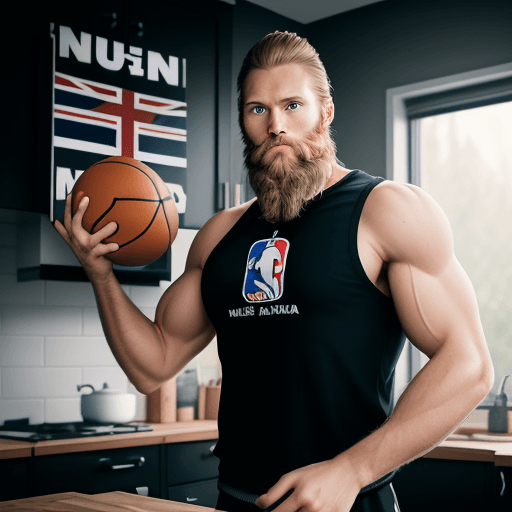 AI generated: A raw photograph of a dark blond, 30-year-old fitness man with a 4mm beard in a kitchen setting, loo...