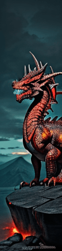 AI generated: The image features a large, fierce dragon with a prominent set of horns, standing on a rocky surface...