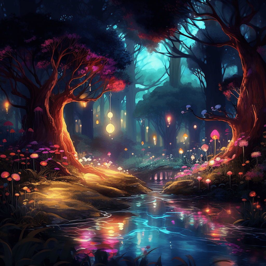 AI generated: A vibrant and whimsical fantasy forest with magical creatures, glowing plants and a flowing river in...