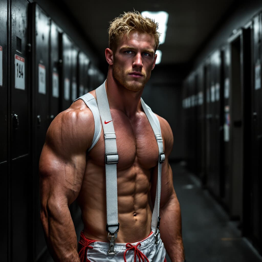 AI generated: Logan paul standing in locker room in white jock strap and red nike running shoes
