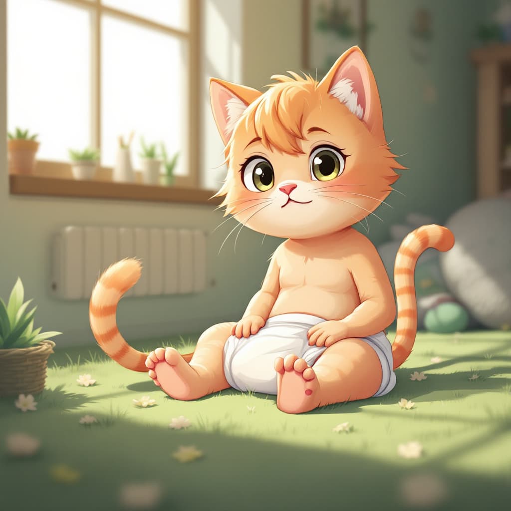 AI generated: Cute catboy wearing a diaper, white_diaper, cat_boy, short_hair, 4k, anime