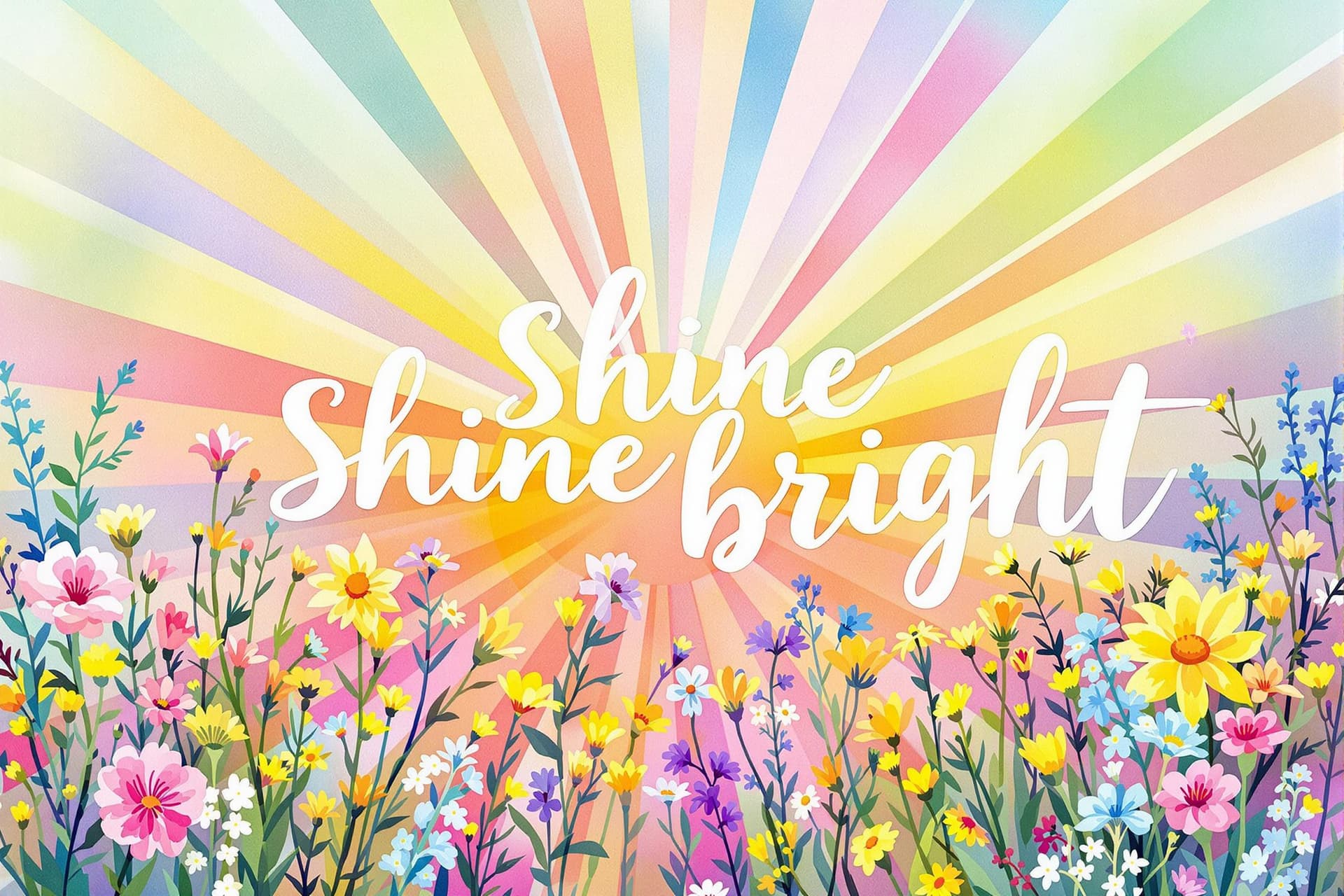 AI generated: "Vibrant watercolor-style sunbeams radiating from the center, surrounded by blooming wildflowers in ...