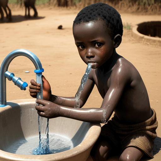 AI generated: realistic rural african country black child playing with tap water