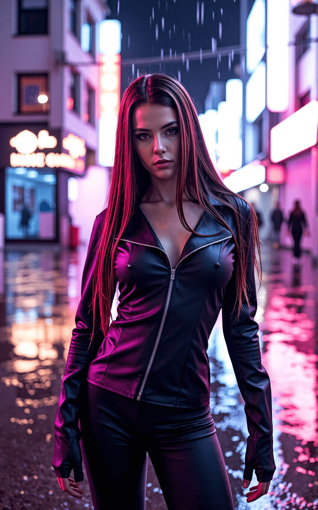 AI generated: A lone woman stands in a rain-soaked neon street at night, cinematic and intimate. Her very long bro...
