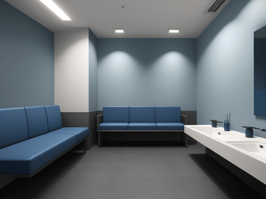 AI generated: medium rest room, in a blue tone, with sofa and bench with coffee and water, simple corporate enviro...