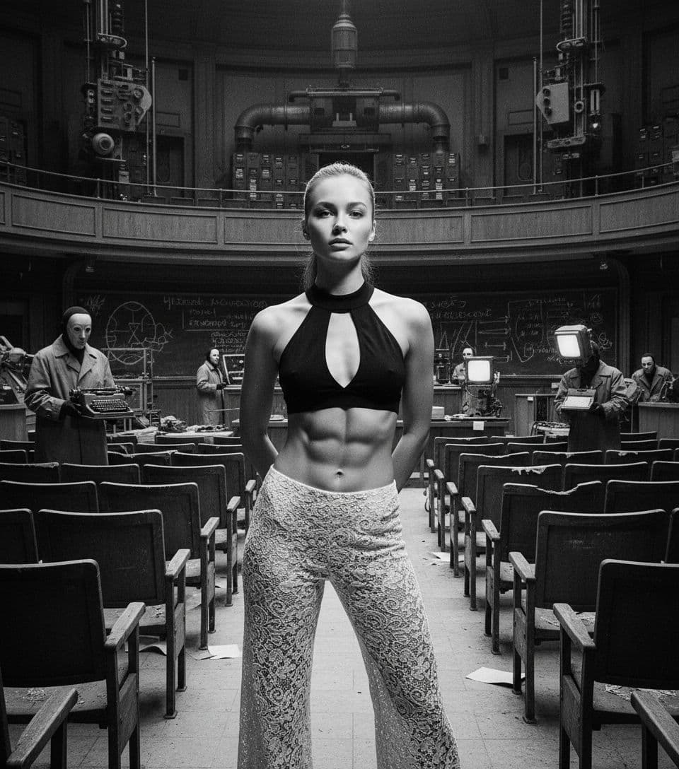 AI generated: dystopian style Black and white fashion photography of a young Norwegian-woman in her mid-twenties s...