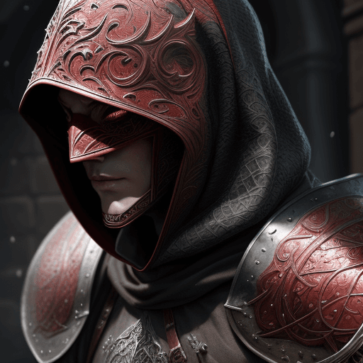AI generated: closeup of cleric from the Middle Ages in dragon scale armor, with face covered by shade of dark-red...