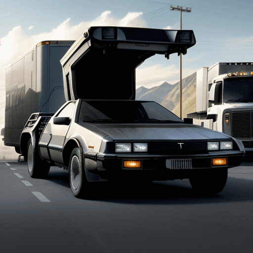 AI generated: Picture of the movie Back to the future with Marty mcFly next to a a new cybertruck from Tesla inste...