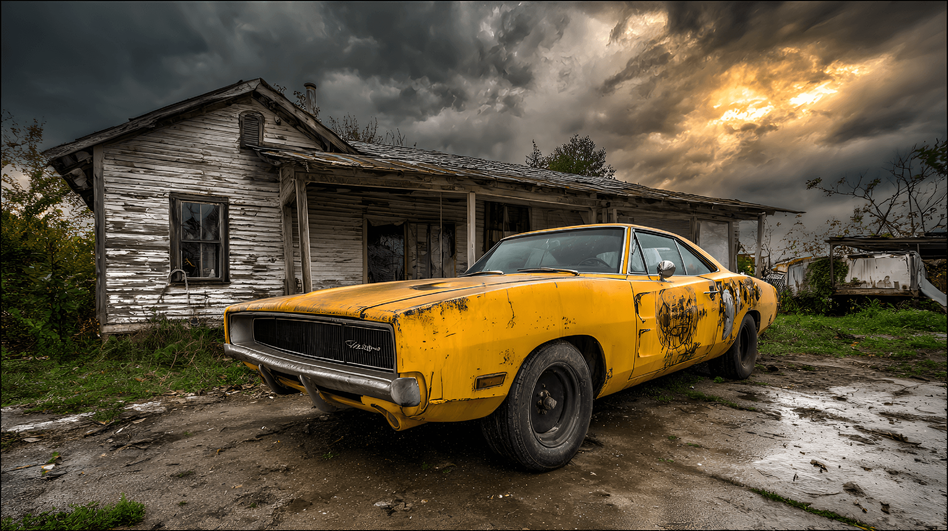 AI generated: vibrant yellow muscle car, heavily modified and distressed, sits in front of a dilapidated wooden ho...