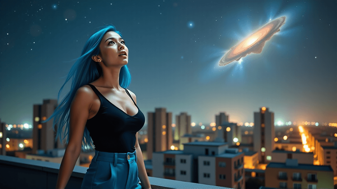 AI generated: Thigh-level shot of the woman singing, looking up slightly as if at the stars. She's on a deserted r...