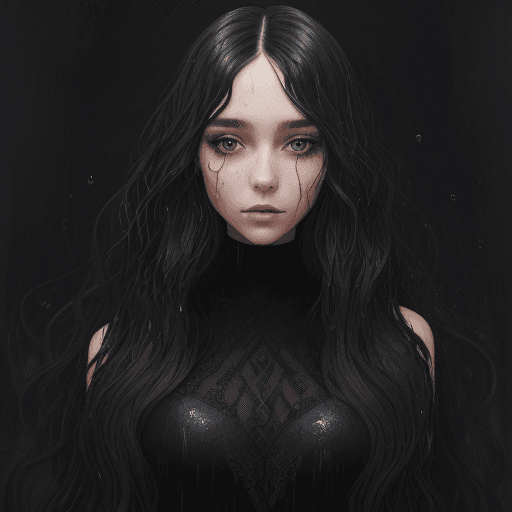 AI generated: a beautiful young woman in black with long hair, in the style of textural layers, reefwave, light br...