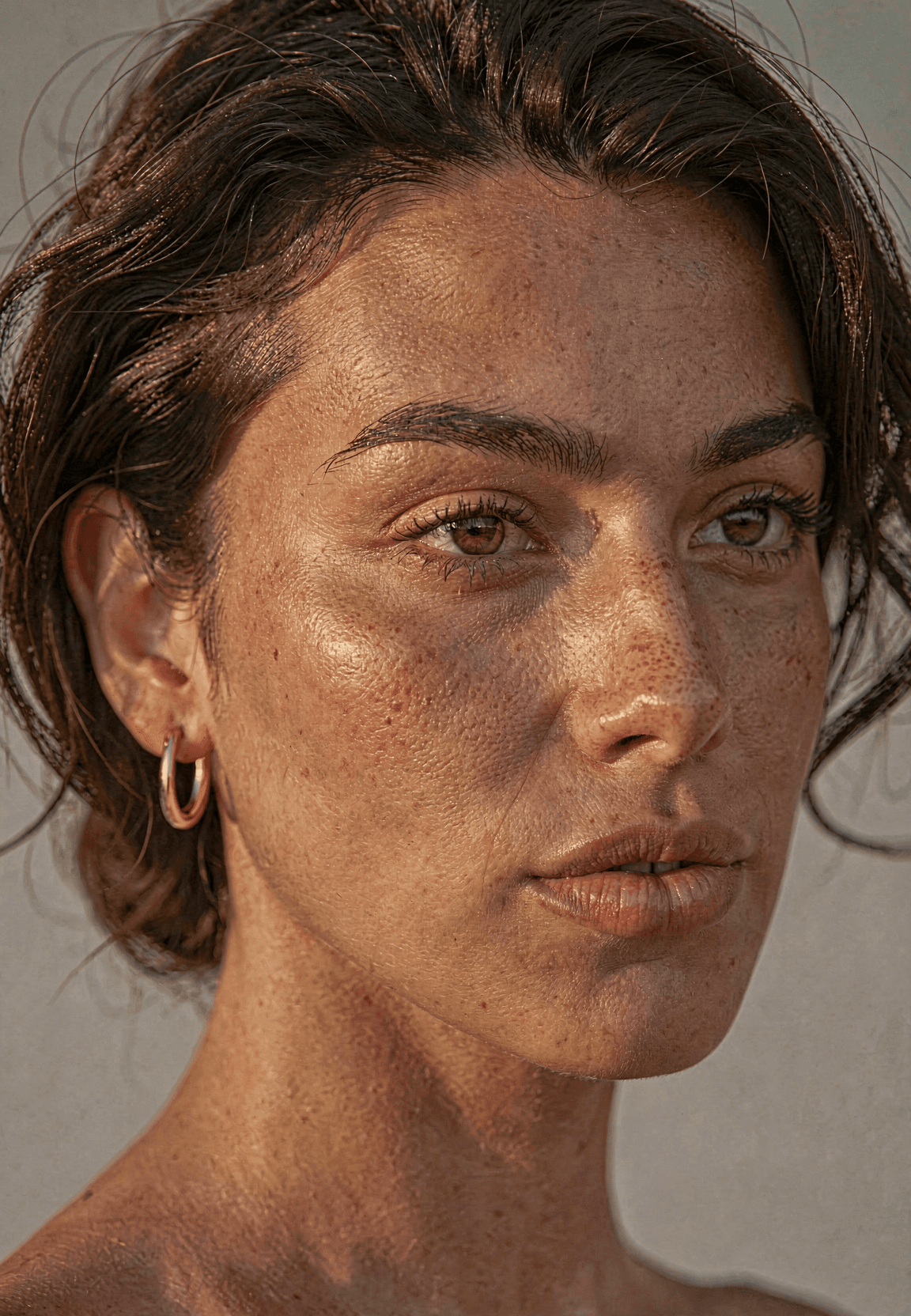 AI generated: A stunning fashion model captured in intimate close-up, mid-twenties with warm Mediterranean underto...
