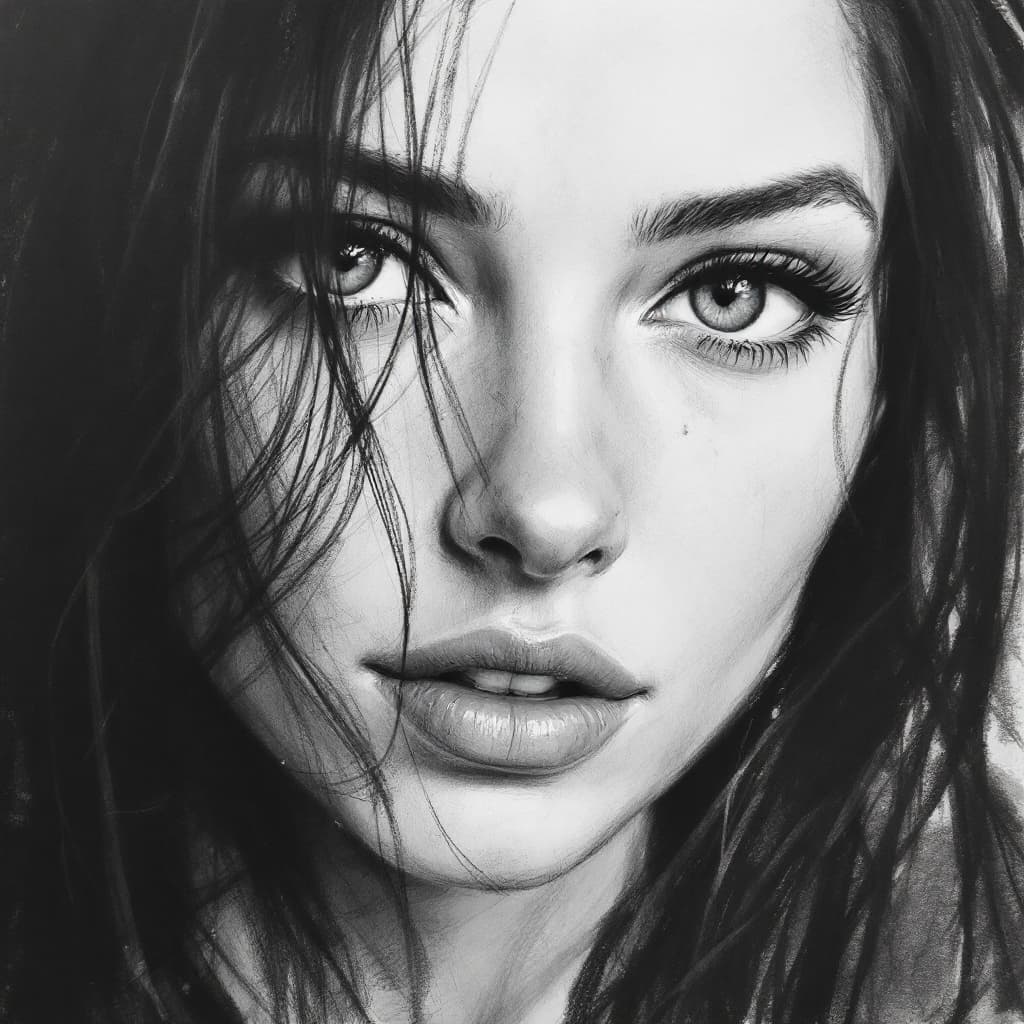AI generated: charcoal sketch, woman with long hair, hyperdetailed, smudges --ar 1:2 --stylize 750