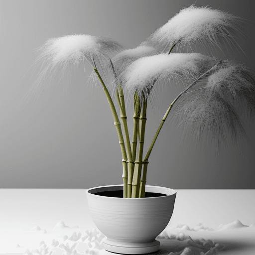 AI generated: Bamboo is planted in pottery. Please draw it in black and white with white snow.