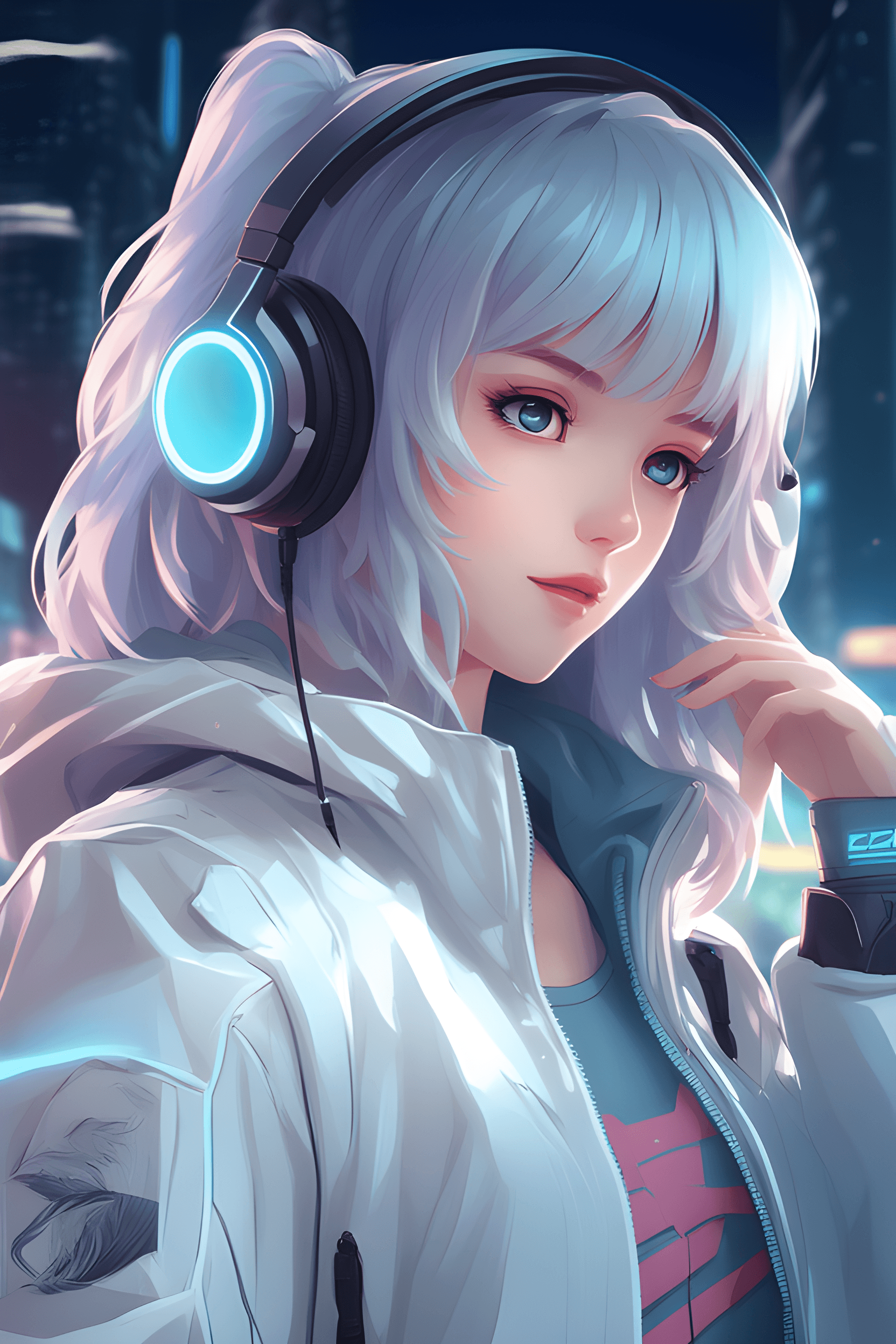 AI generated: anime girl with headphones and a jacket, anime style 4 k, digital cyberpunk anime art, anime art wal...