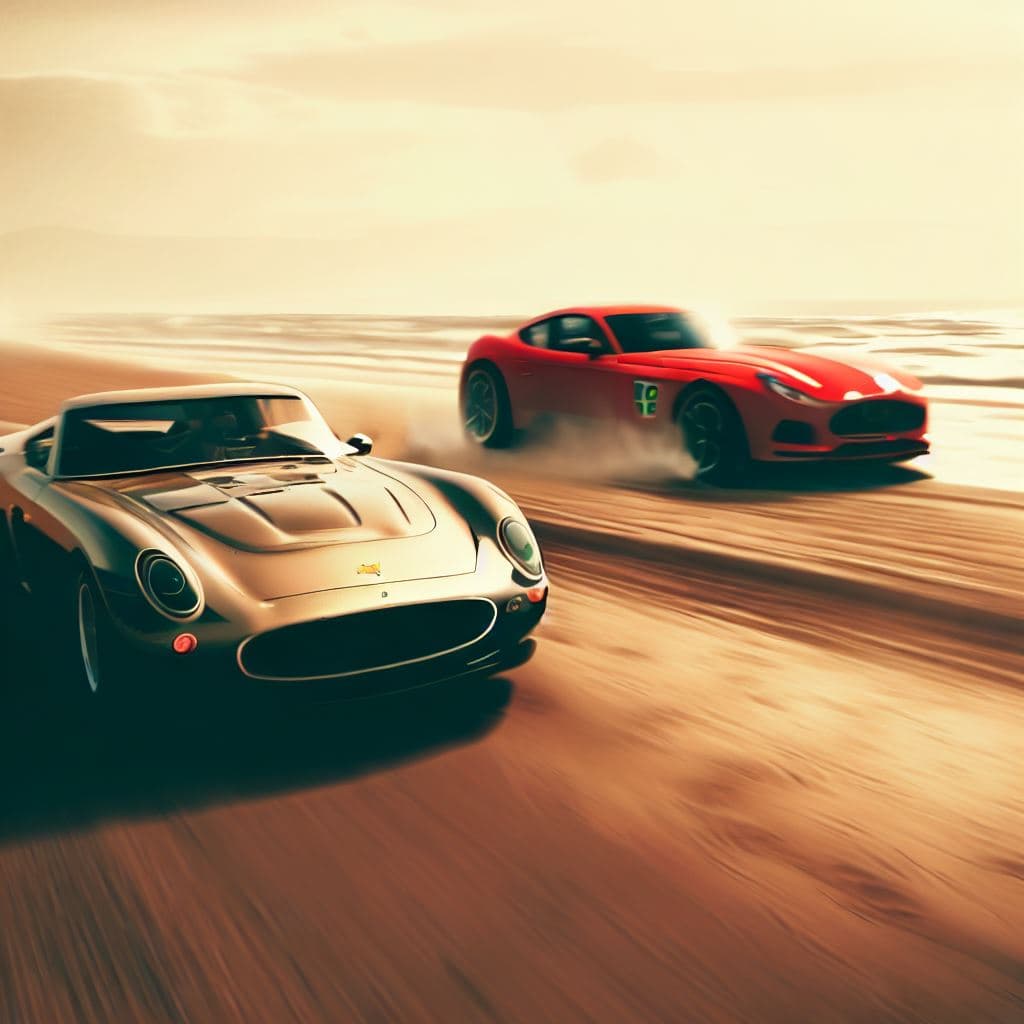 AI generated: Ferrari racing with an Aston Martin on a beach