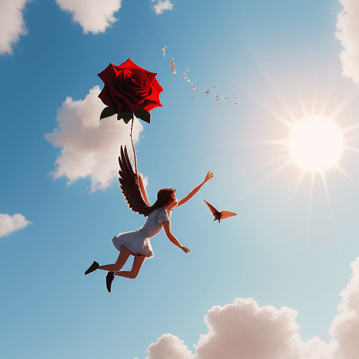 AI generated: 
roses fly from the sky and the sun shines on them