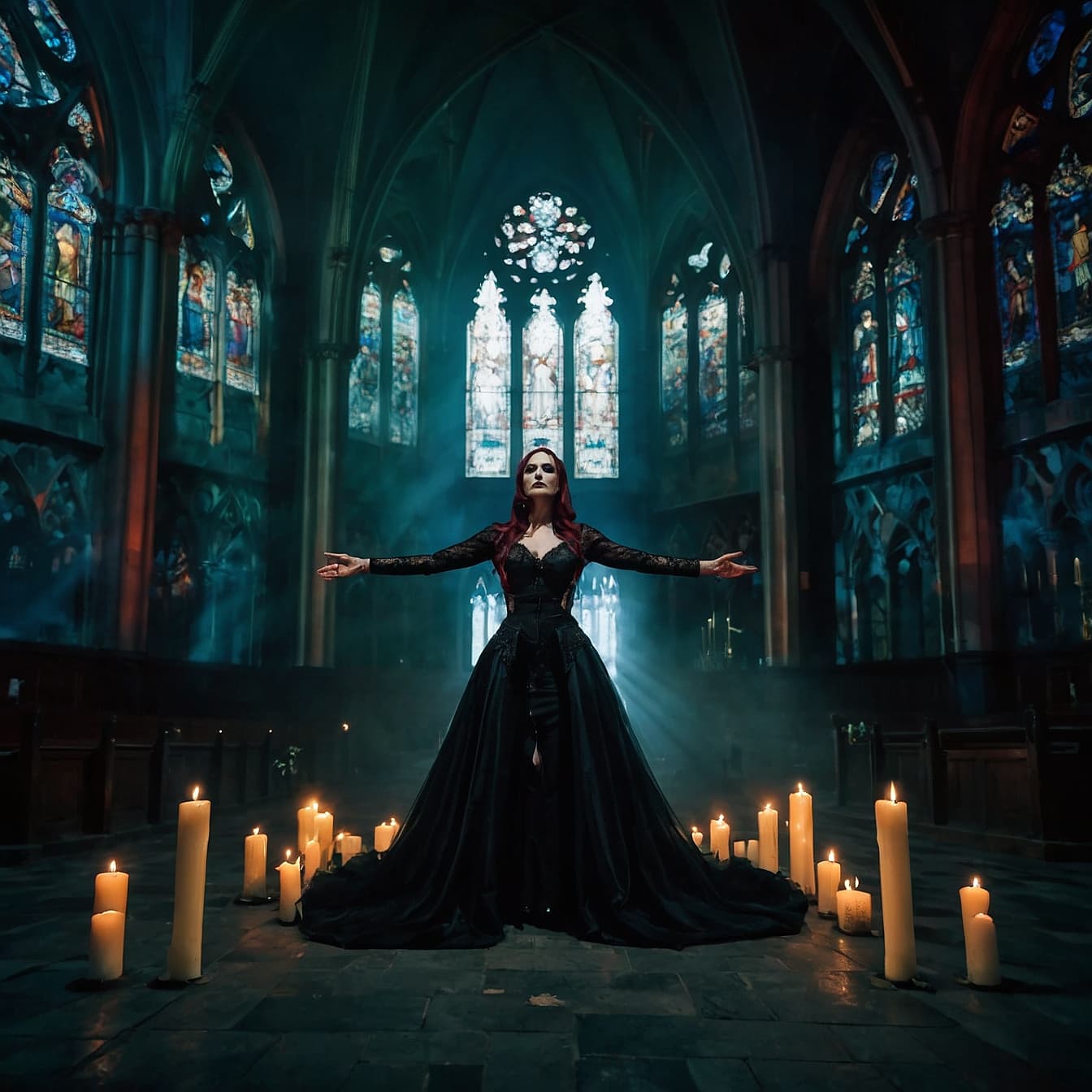 AI generated: woman in gothic in a very sexy elaborate glamourous gothic outfit mystique church,dynamic lights,ver...