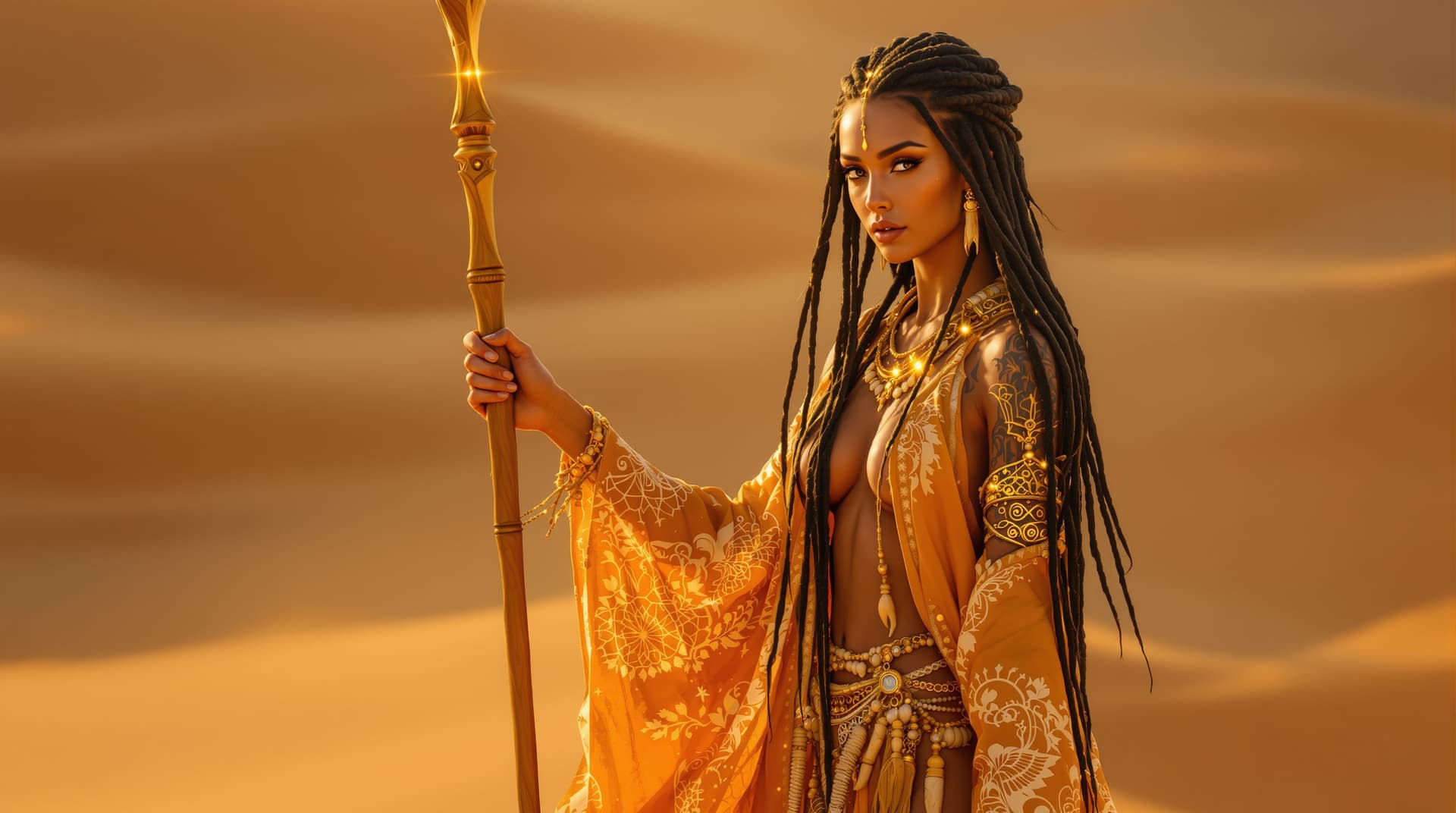 AI generated: An ultra-realistic, full-body view of a mesmerizing desert prophetess woman, radiating ancient wisdo...