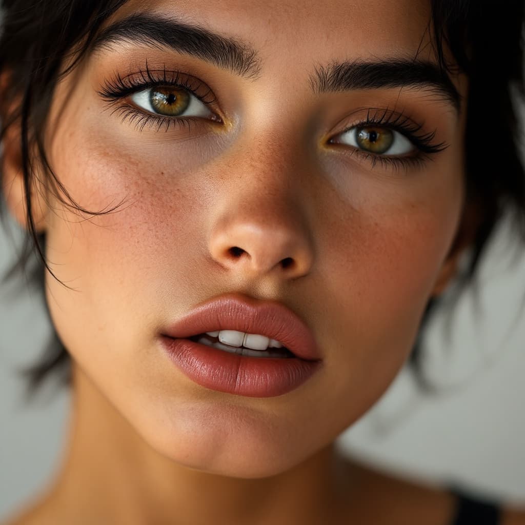 AI generated: 
Close-up portrait of a woman from Portugal, mixed face, no makeup just natural, with short black ha...