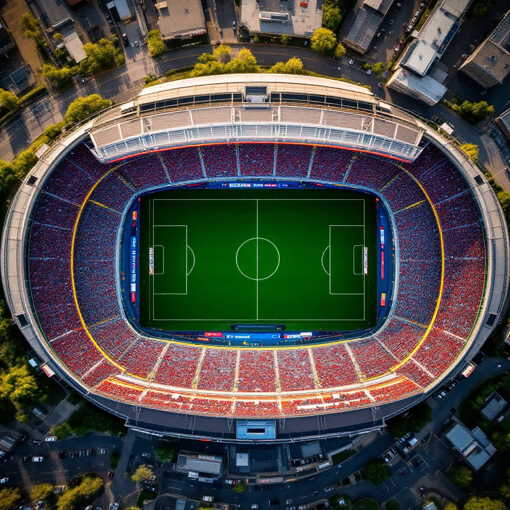 AI generated: “A top-down drone view of a soccer stadium filled with spectators, green pitch in perfect symmetry, ...