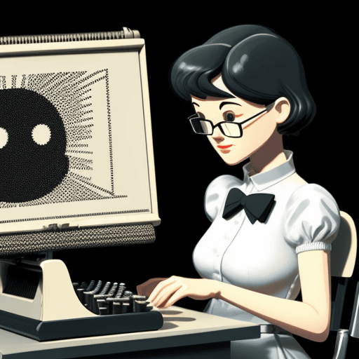 AI generated: a person sitting at a typewriter, drawn in the style of fun 2D vector artwork. Within a Matrix Scree...