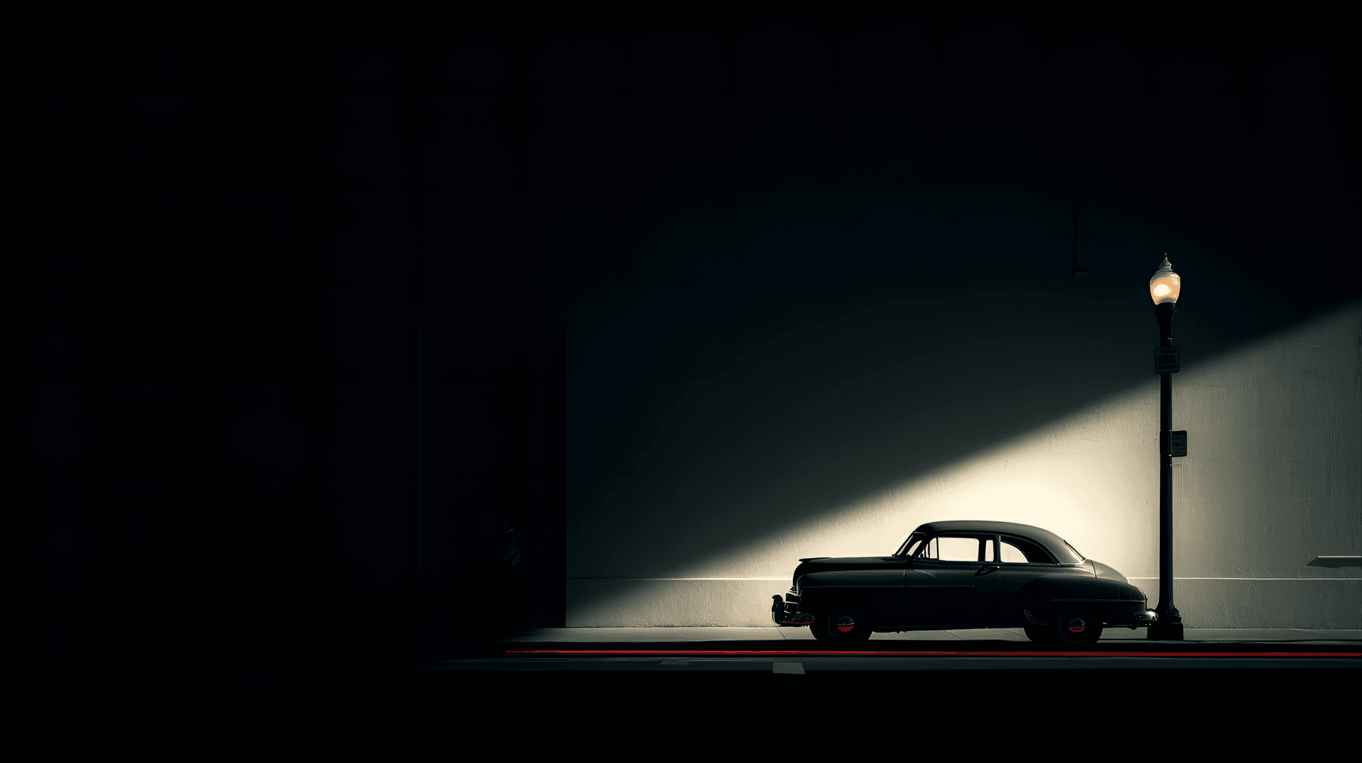 AI generated: backlit photography, a classic car under a streetlamp, the light creates a dramatic shadow pattern, ...