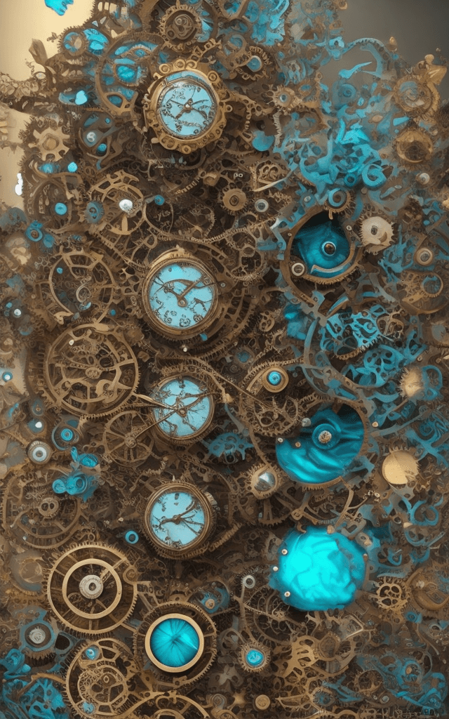 AI generated: (3D steampunk clockwork fantasy whimsical monster:1.3), inspired by (Bella Kotak), rich gold and cya...