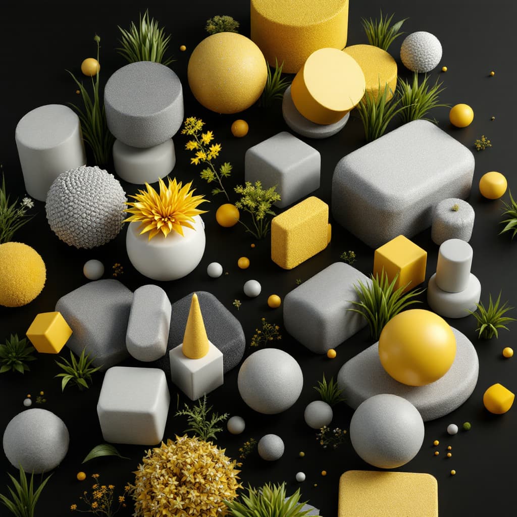 AI generated: 3D geometric shapes, grassy greens and bright yellows, extreme greys, various smooth textures, trans...